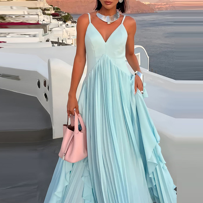 New Women Commute Robes Luxury V-neck Sleeveless Halter Evening Dress Elegant Pure Color High Waist Ruffles
