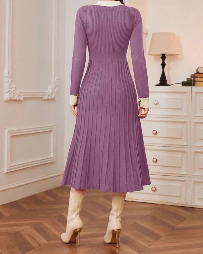 Retro A-line Long Sleeved Knitted Dress with Lapel for Autumn and Winter New Women's Clothing