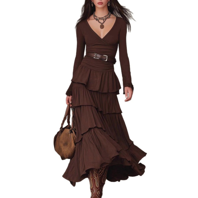 Women's French Retro Slim-fit V-neck Cake Dress with Belt