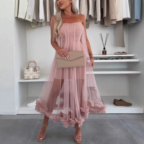 Sexy Mesh Patchwork Strapless Big Hem Party Dress ✨