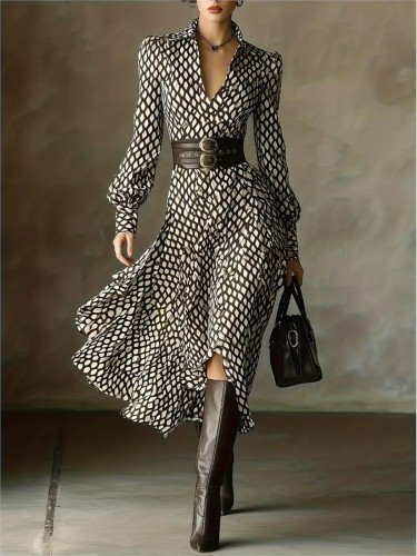 Lantern Long Sleeve Dress New Style Lapel Print Women's Long Sleeved Elegant Lapel Collar Dress Casual and Comfortable Dresses