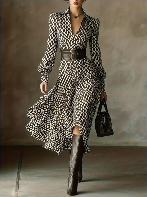 Lantern Long Sleeve Dress New Style Lapel Print Women's Long Sleeved Elegant Lapel Collar Dress Casual and Comfortable Dresses