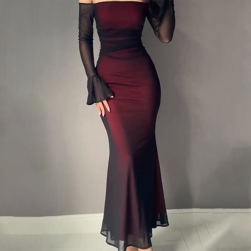 Printed Slim Evening Dress Fashion Long Sleeve Tube Top Wrap Hips Dress Sexy Off Shoulder High Waist Banquet Dress