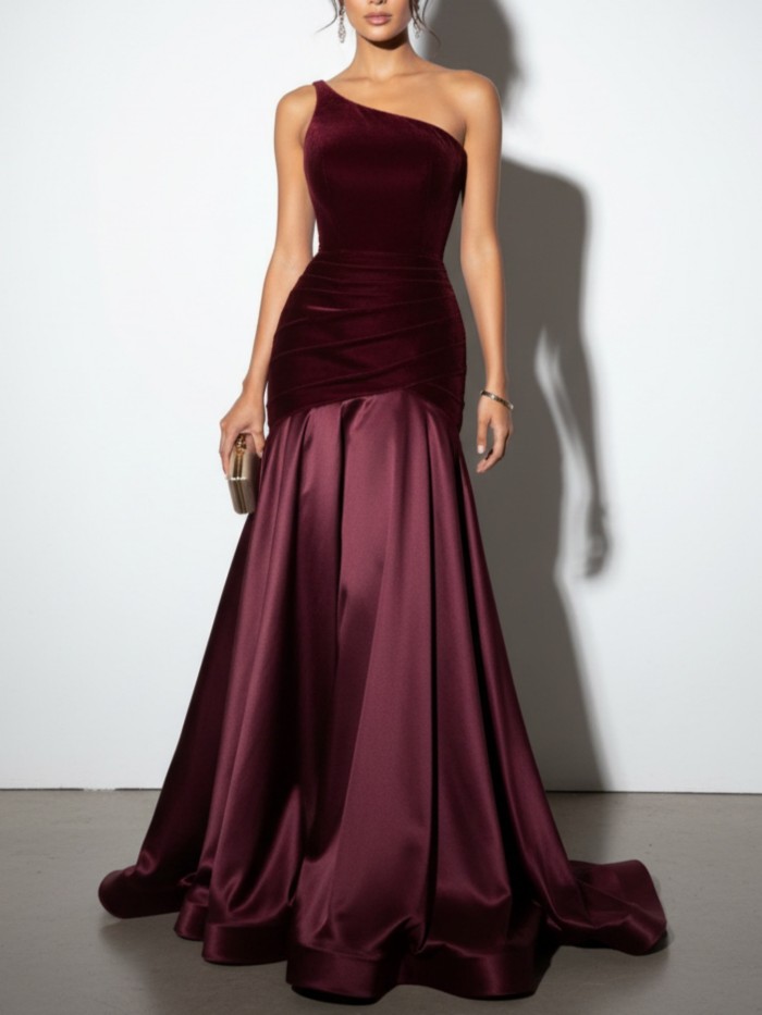 One Shoulder Burgundy Evening Gown Satin Ruched Split Joint Velvet Sleeveless Prom Gown Dress Customized Formal Dresses