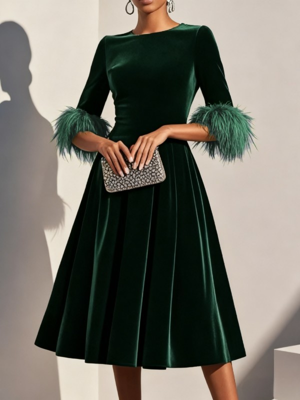 Autumn Winter Feather Patchwork O-Neck Midi Dress ✨