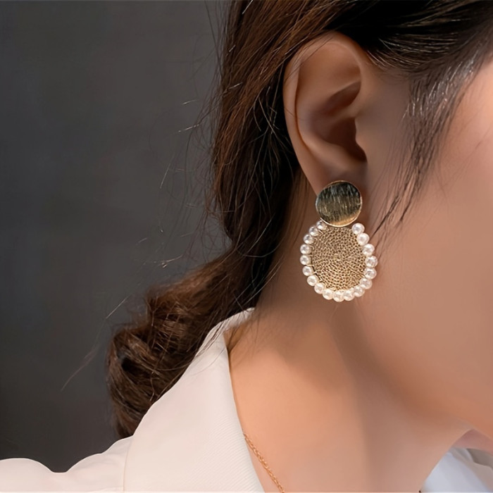 Pair of Middle Eastern Bollywood Ethnic Pattern Carved Round Mesh Artificial Imitation Pearl Earrings
