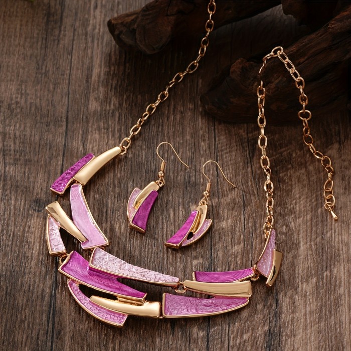 Vintage Bohemian Style - Elegant Geometric Link Necklace & Earrings - KC Golden Plated - Women'S Jewelry Set - Perfect for Daily Wear or Parties - All-Season Accessory