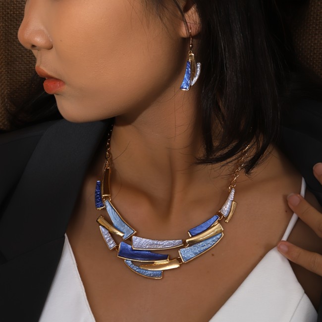 Vintage Bohemian Style - Elegant Geometric Link Necklace & Earrings - KC Golden Plated - Women'S Jewelry Set - Perfect for Daily Wear or Parties - All-Season Accessory