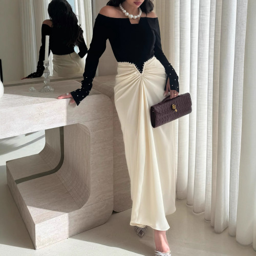 Temperament Dresses Woman Banquet Contrast Pearl Patchwork Package Hip Long Sleeve Slim One Line Neck Elegant