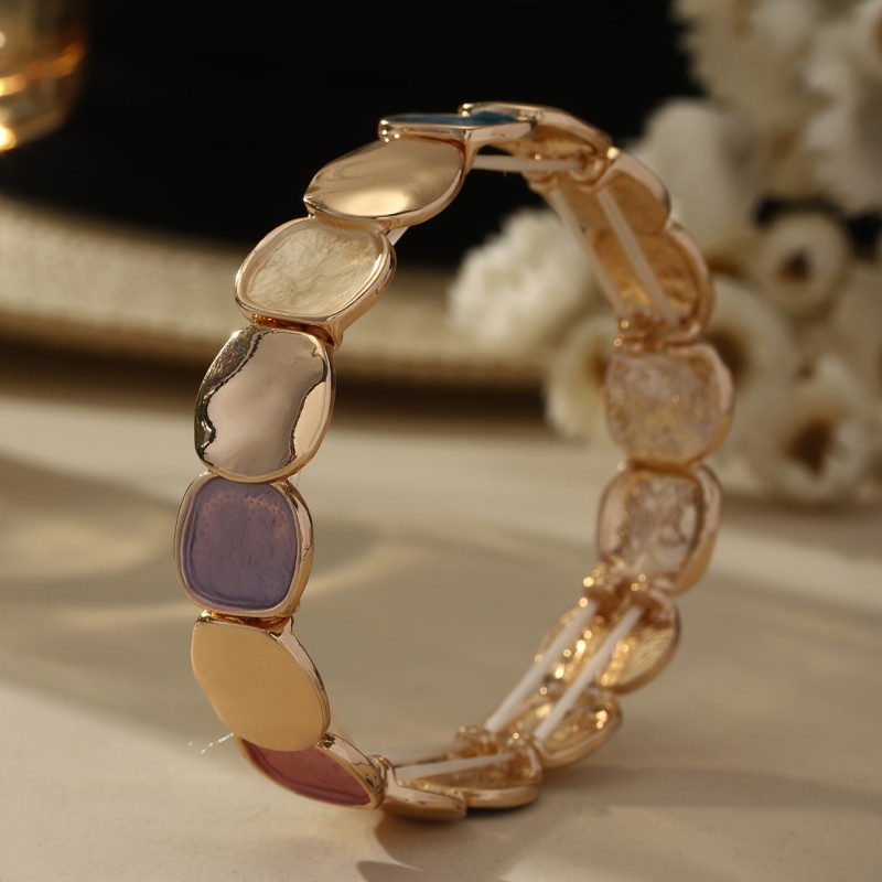 1pc Vintage Style Elegant Zinc Alloy Plated Kc Golden Elastic Bracelet Bracelet Irregular Square Unisex Bracelet
