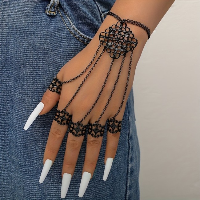 Gothic Exaggerated Conjoined Finger Chain Retro Hollow Tassel Nail Hand Back Chain