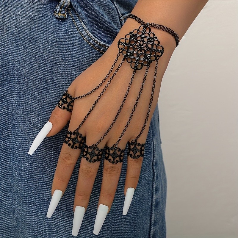 Gothic Exaggerated Conjoined Finger Chain Retro Hollow Tassel Nail Hand Back Chain