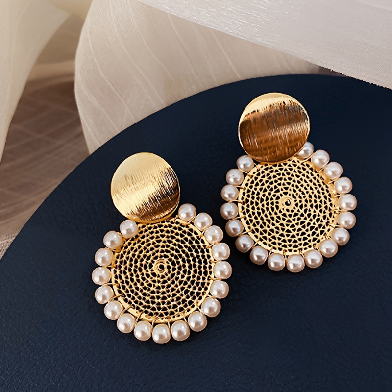 Pair of Middle Eastern Bollywood Ethnic Pattern Carved Round Mesh Artificial Imitation Pearl Earrings