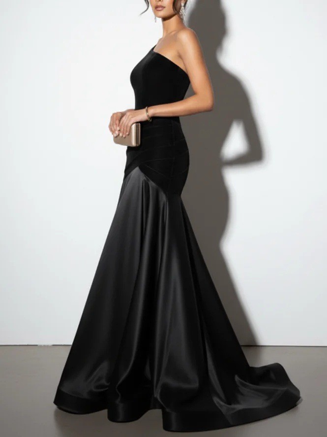 One Shoulder Burgundy Evening Gown Satin Ruched Split Joint Velvet Sleeveless Prom Gown Dress Customized Formal Dresses