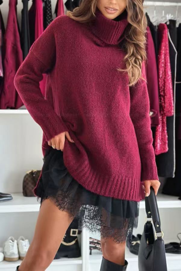 New Chic Turtleneck Patchwork Mini Sweater Dress ✨