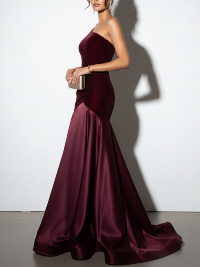 One Shoulder Burgundy Evening Gown Satin Ruched Split Joint Velvet Sleeveless Prom Gown Dress Customized Formal Dresses