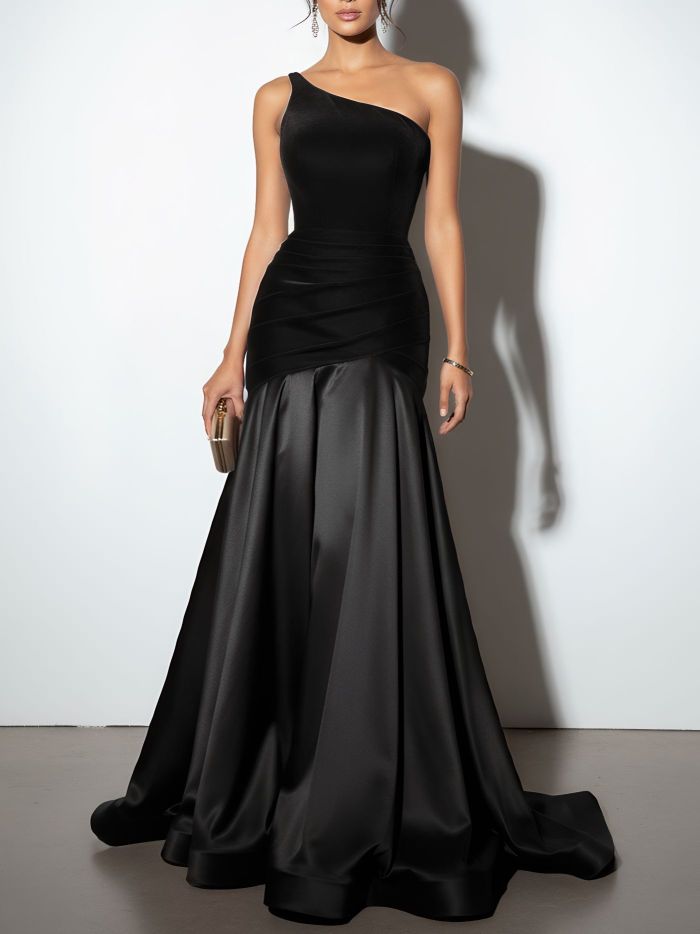 One Shoulder Burgundy Evening Gown Satin Ruched Split Joint Velvet Sleeveless Prom Gown Dress Customized Formal Dresses