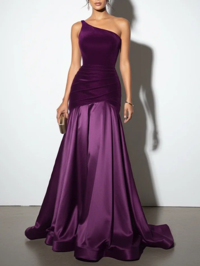 One Shoulder Burgundy Evening Gown Satin Ruched Split Joint Velvet Sleeveless Prom Gown Dress Customized Formal Dresses