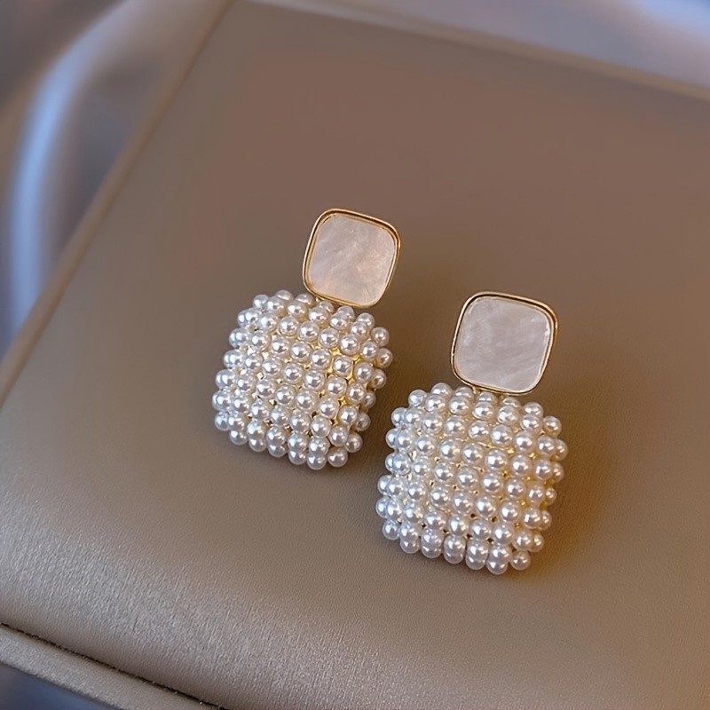 Rice Artifical Imitation Pearl White Square Pendant Drop Earrings 18K Golden Plated Simple Design Jewelry for Women Gift 1Pair