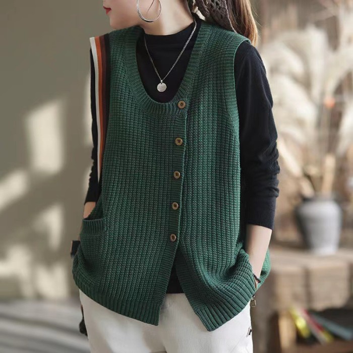 Plus Size Women Spring Knitted Button Sleeveless Vest Waistcoat Sweater