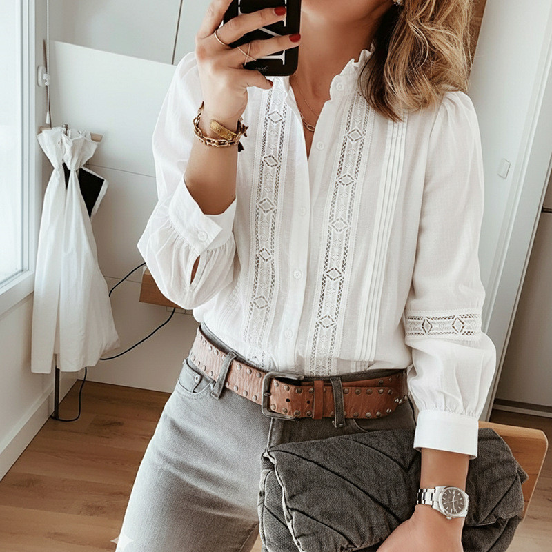 Elegant Literary Lace Spliced Stand Collar White Shirt ✨