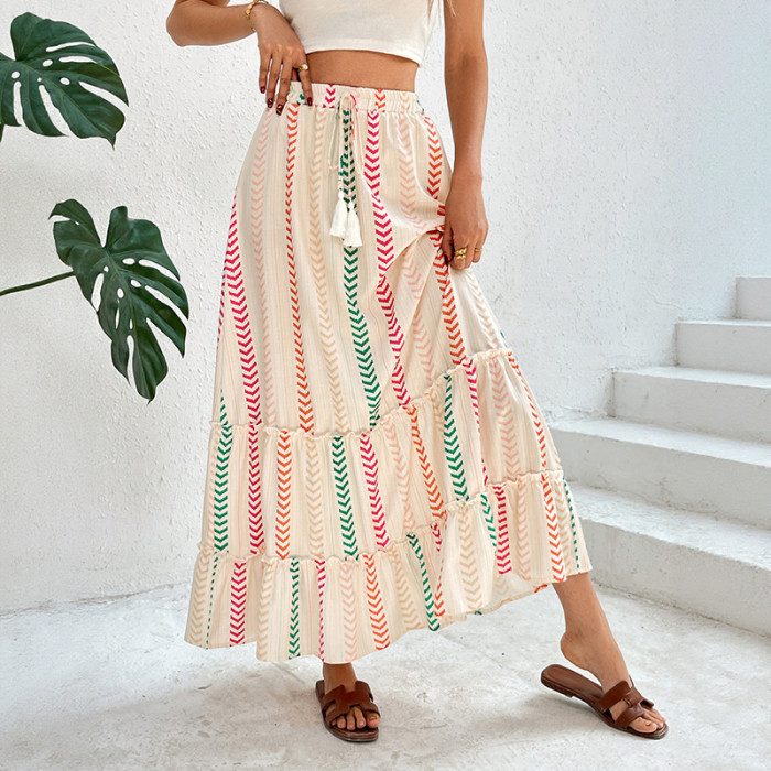 Bohemian Contrast Print Elastic Waist Long Skirt ✨
