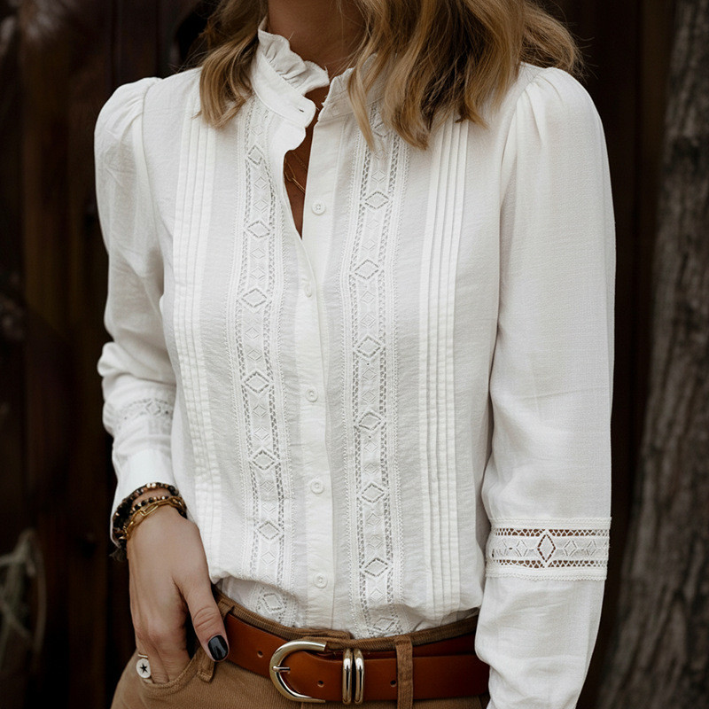 Elegant Literary Lace Spliced Stand Collar White Shirt ✨