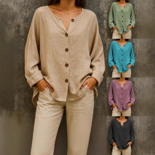 Women's Linen Button Front Blouse Loose Fit Long Sleeve Casual Shirt for Daily Office Wear