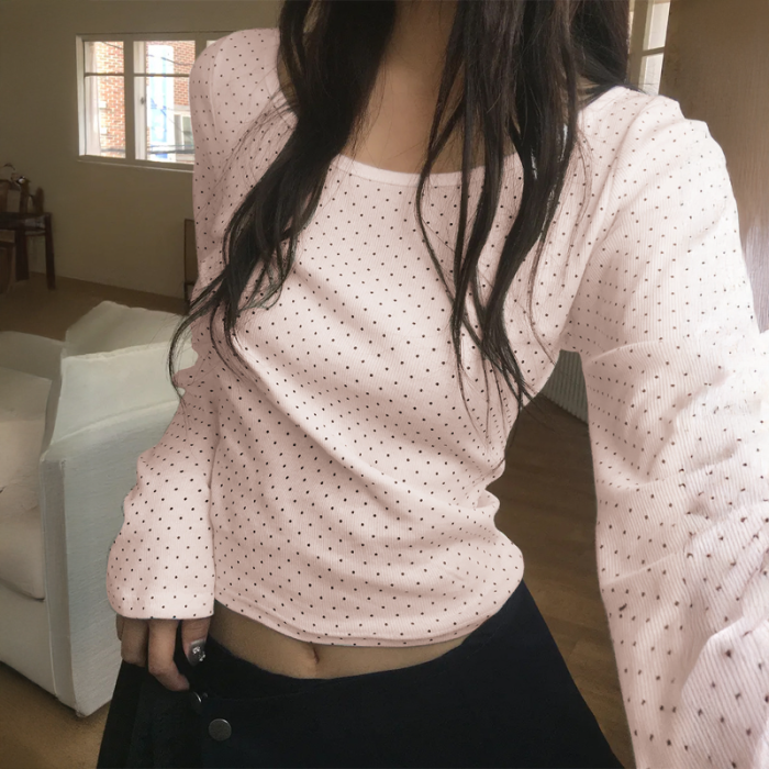 Women's Polka Dot Long Sleeve Blouse Square Neck Slim Fit Casual Top for Daily Matching