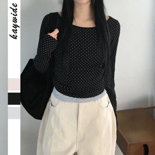 Women's Polka Dot Long Sleeve Blouse Square Neck Slim Fit Casual Top for Daily Matching