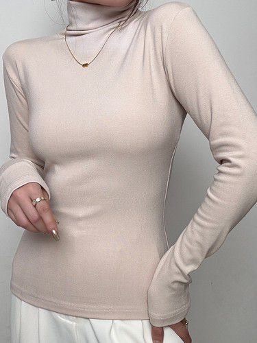 Solid Color Long Sleeves Skinny High Neck T-Shirts Tops