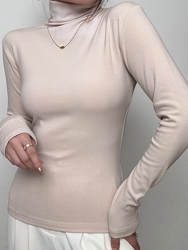 Solid Color Long Sleeves Skinny High Neck T-Shirts Tops