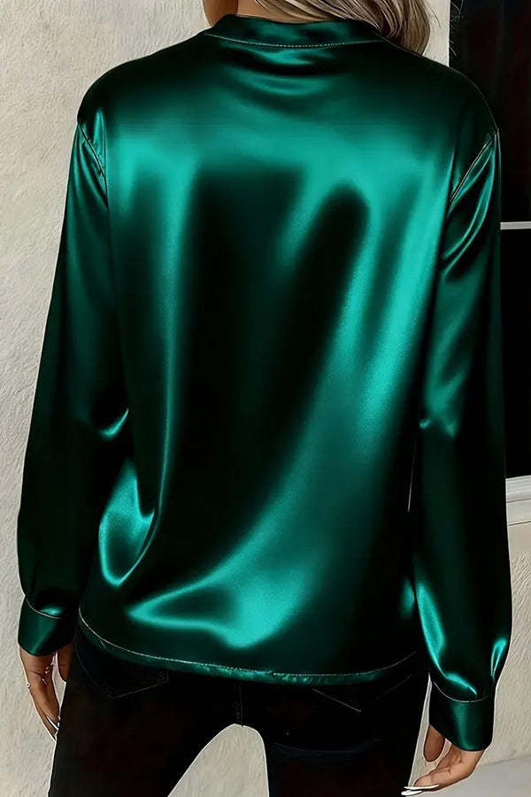 Solid Color Satin Loose V-neck Long-sleeved Casual Shirt