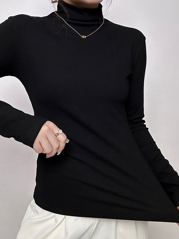 Solid Color Long Sleeves Skinny High Neck T-Shirts Tops