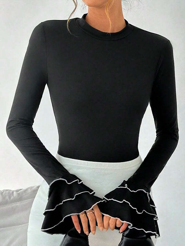 Flared Sleeves Long Sleeves Split-Joint Tiered Round-Neck T-Shirts Tops