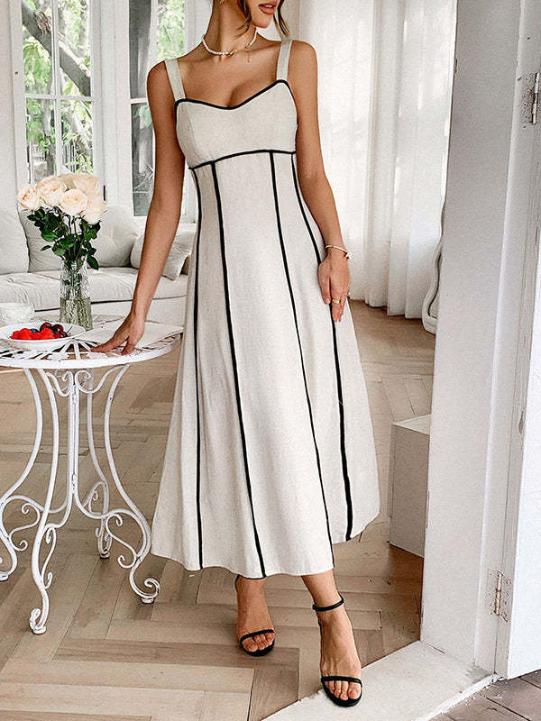 A-Line High Waisted Contrast Color Zipper Spaghetti-Neck Midi Dresses