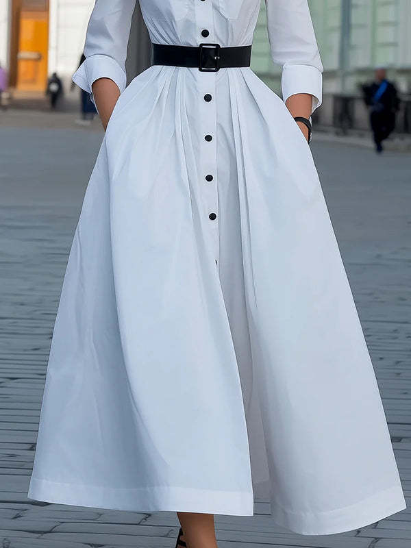 A-Line Long Sleeves Belted Buttoned Pockets Solid Color Lapel Maxi Dresses