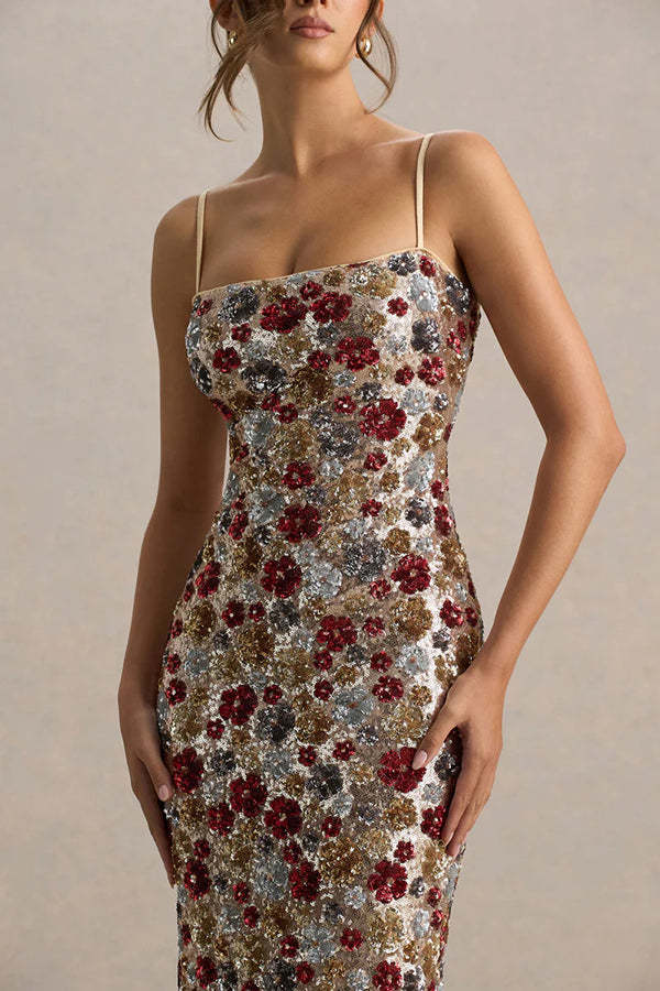 The Center of Attention Floral Print Sequin Square Neck Slip Stretch Maxi Dress
