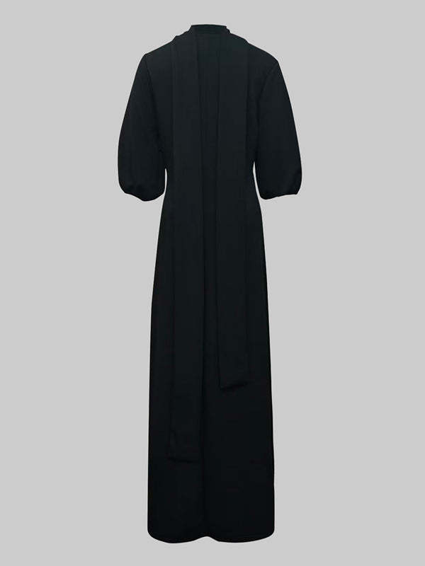 Loose Puff Sleeves Buttoned Split-side Mock Neck Maxi Dresses