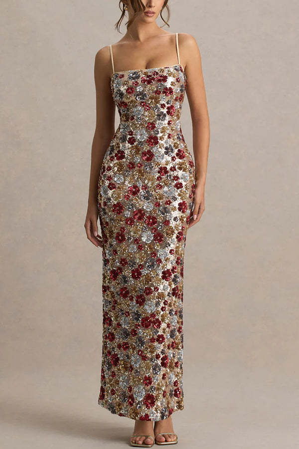 The Center of Attention Floral Print Sequin Square Neck Slip Stretch Maxi Dress