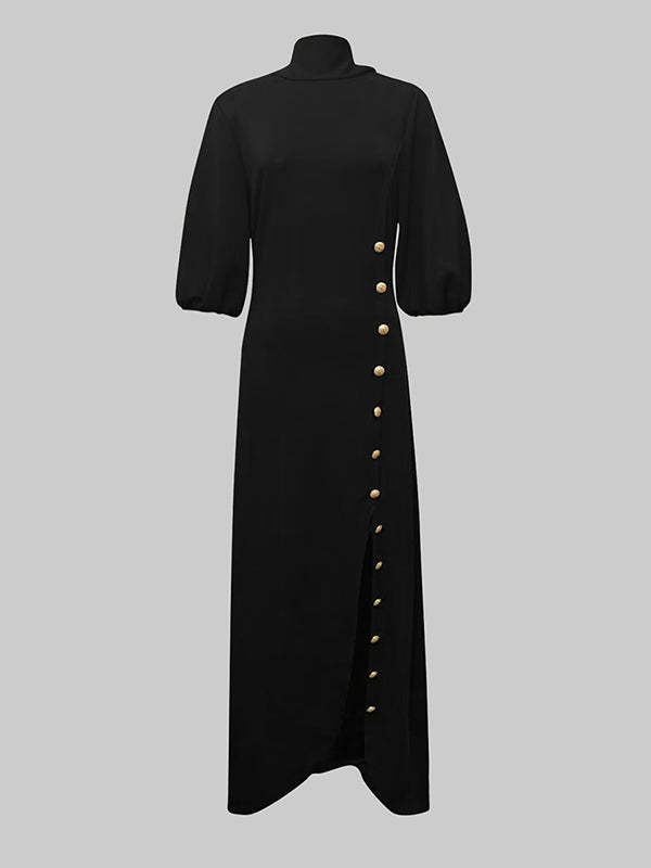 Loose Puff Sleeves Buttoned Split-side Mock Neck Maxi Dresses