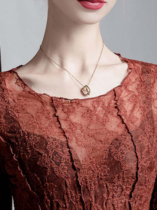 Irregularity Long Sleeves See-Through Split-Joint Textured Round-Neck T-Shirts Tops