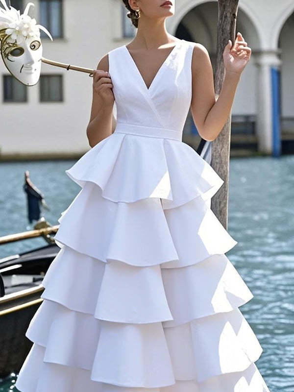 A-Line High Waisted Layered Solid Color V-Neck Maxi Dresses