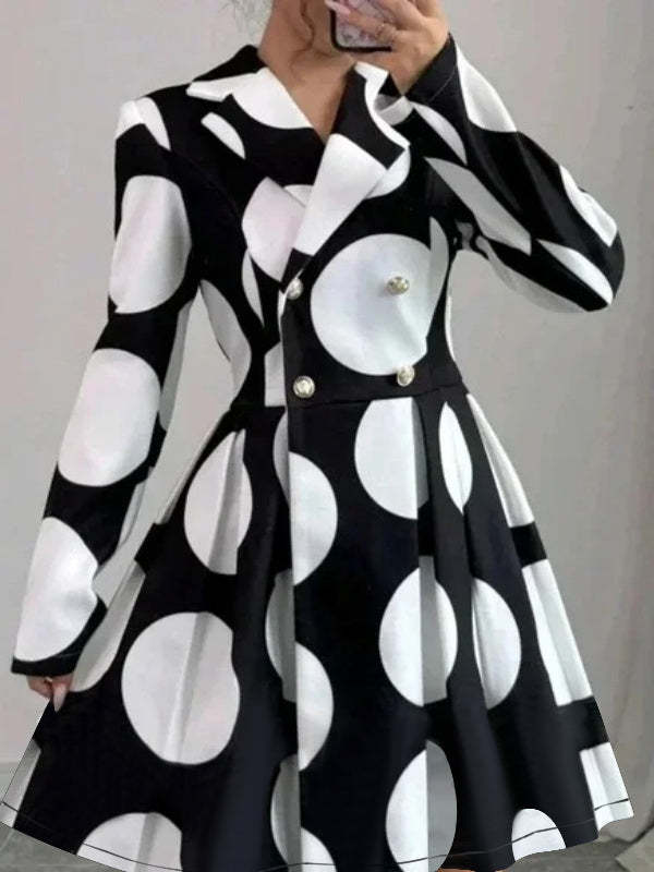 A-line High Waisted Buttoned Contrast Color Pleated Polka-Dot Lapel Mini Dresses