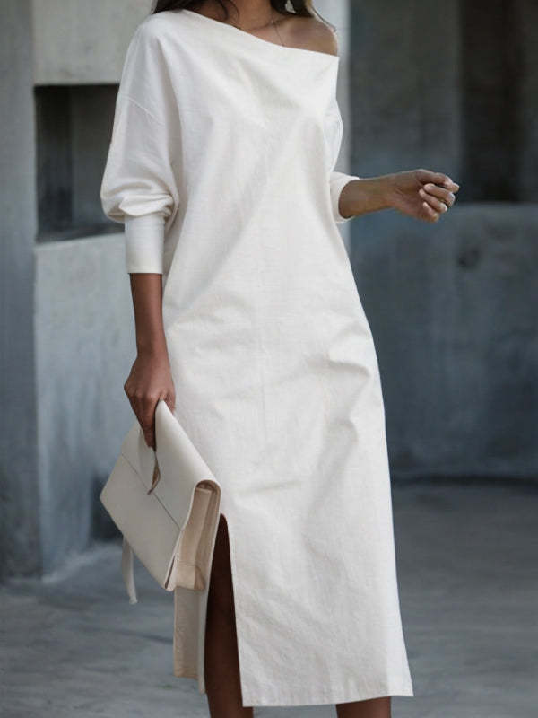 Long Sleeves Loose Solid Color Split-Side One-Shoulder Midi Dresses