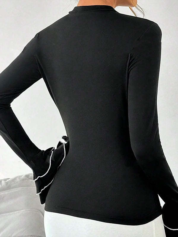 Flared Sleeves Long Sleeves Split-Joint Tiered Round-Neck T-Shirts Tops