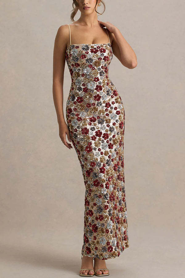 The Center of Attention Floral Print Sequin Square Neck Slip Stretch Maxi Dress