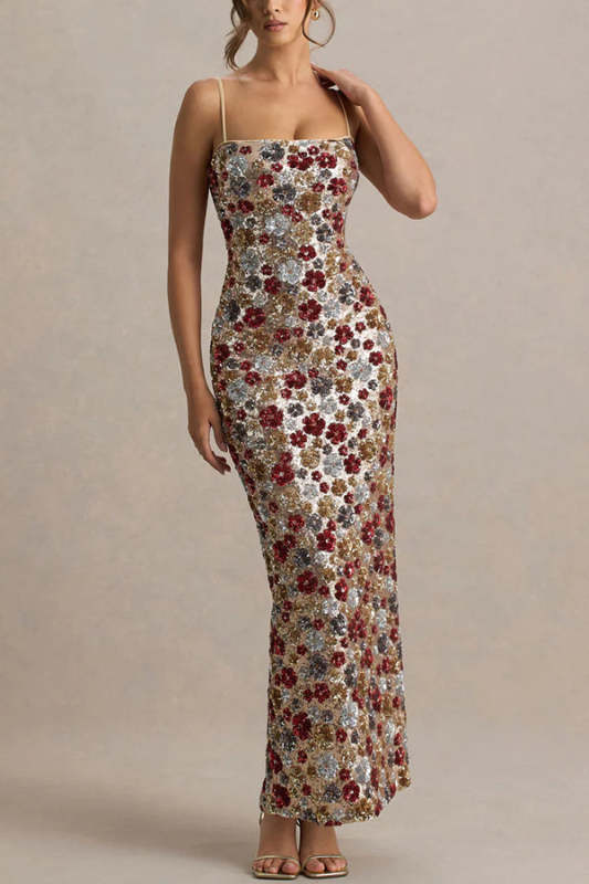 The Center of Attention Floral Print Sequin Square Neck Slip Stretch Maxi Dress