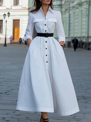 A-Line Long Sleeves Belted Buttoned Pockets Solid Color Lapel Maxi Dresses