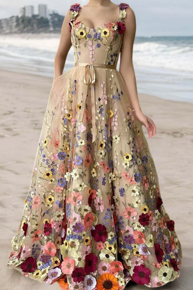 3D Floral Embellished Maxi Dress Suspender  Maxi Dresses